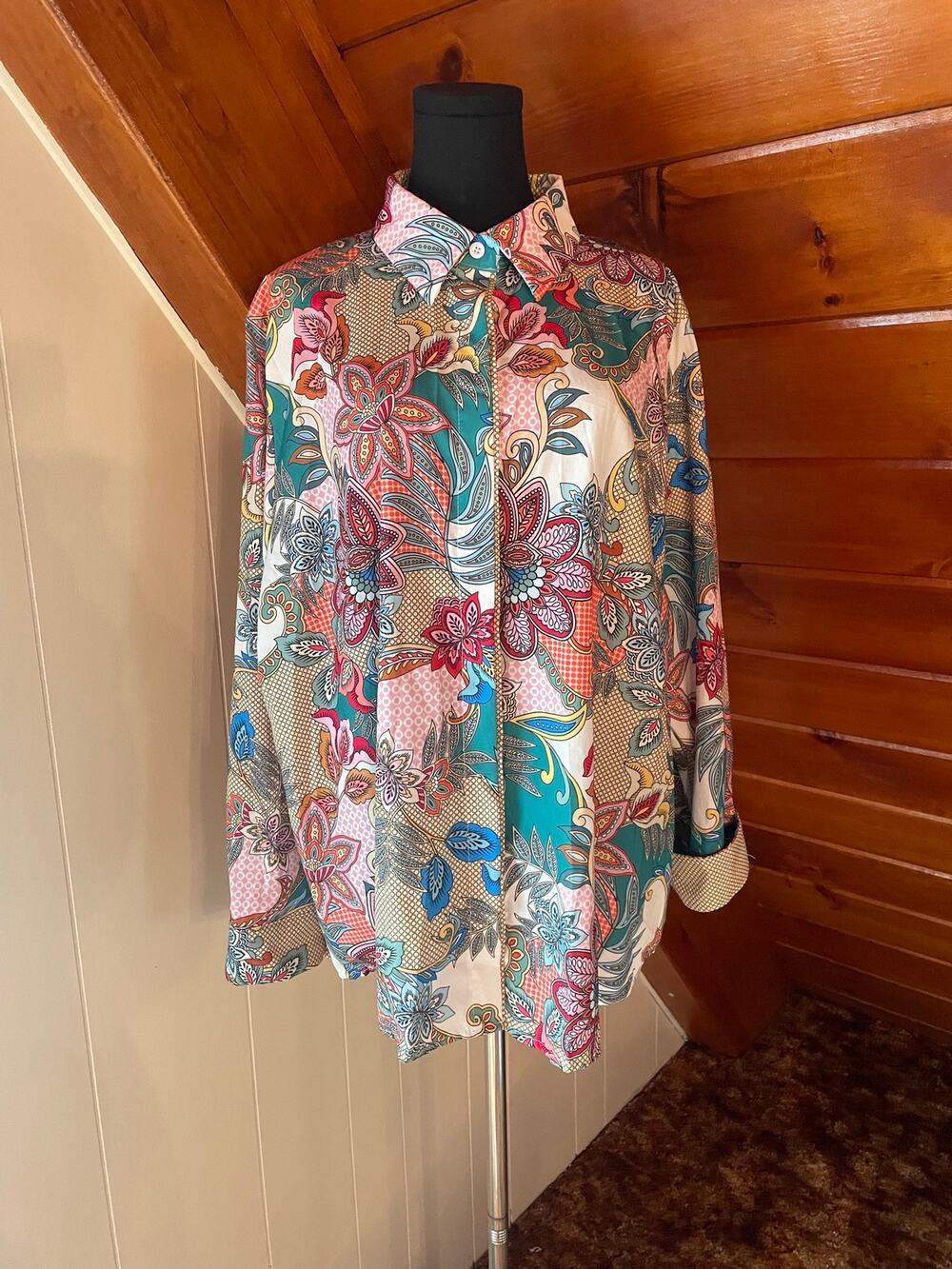 NWOT Cherry Betty Boho Paisley Floral Print Collared Maximalist Blouse sz 2XL